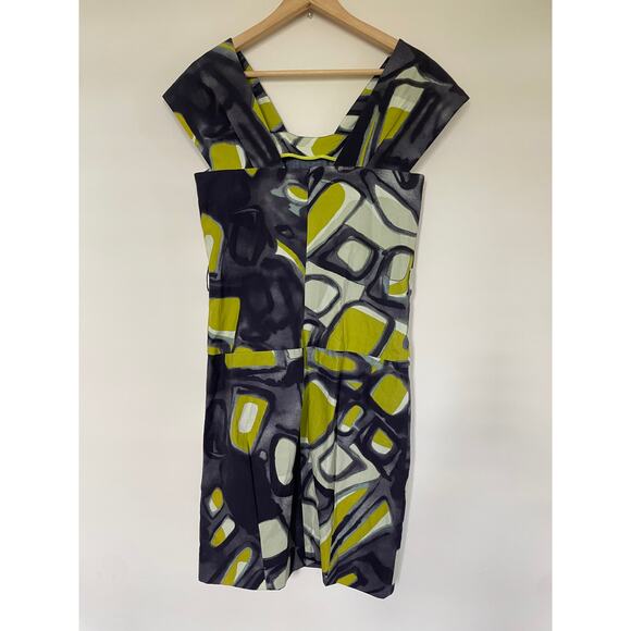 LELA ROSE 100% cotton watercolor abstract artsy green gray sheath dress - Picture 5 of 11
